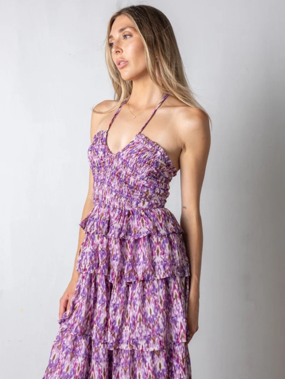 vestique Purple Floral Smocked Tiered Midi Dress - Picture 3 of 7